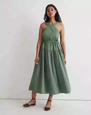 MADEWELL J.Crew NWT $148 Poplin Halter Tiered Midi A-Line Dress In Green Size 4 • $49.99