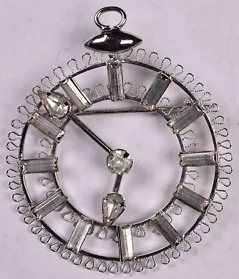 Vintage Rhinestone Clock Pin Pendant Sterling Signed  • $29