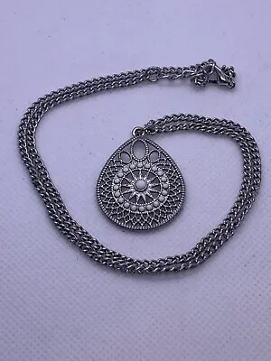 Silver Tone White Stone Mandala Style Teardrop Pendant Necklace • $10