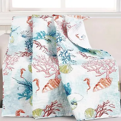 Throw Blanket For Couch Blue White Shell Coral Quilted Coastal Chair Bed Cover • $55.99
