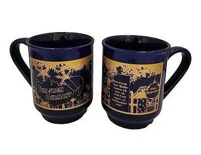 German Gluhwein Ceramic Cobalt  Blue Golden Print Mugs Set Designed By Ben • $29.95