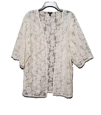Express M Women's Cream Ivory Lace Mesh Open Kimono Coverup Top Shawl Floral • $16.99