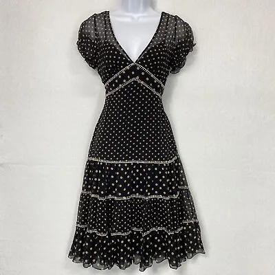 BCBG Maxazria Dress Women’s 2 V Neck 100% Silk A Line Black W/ Polka Dots Tiered • $34.99