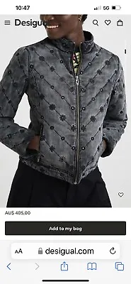 Desigual Quilted Grey Denim Embroidered Sequin Zip Up Jacket - Size 38: Aus 8 • $99.45