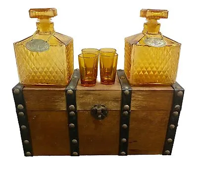Vintage Treasure Chest Whiskey Bar Amber Glass Decanter Set • $55