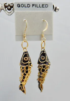 Vintage Cloisonne Articulated Koi Fish 2  Earrings 14K Gold Filled Wires NOS • $29.95