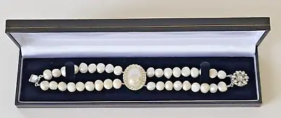 Vintage Cultured Freshwater Baroque Pearls & Rhinestones Bracelet Double Strand • $39.95