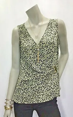 Michael Kors 6 S M Camouflage Crossover V Neck Gold Accent Sleeveless Top Blouse • $18.99