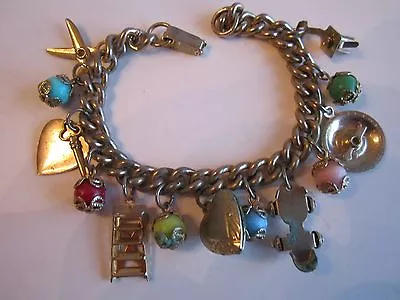 Vintage Silver Plated Charm Bracelet - 14 Charms - Heavy - 6 1/2  Long • $51.99
