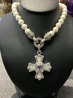 Judith Ripka Sterling Silver Pearl Maltese Amethyst Cross Necklace Magnet Clasp • $82