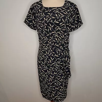 Vintage BLOOMS Womens Faux Wrap Dress Size 10 Short Sleeve Navy Fawn Leaf Print  • $16.50