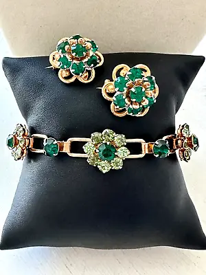 Two Vintage Barclay Green Rhinestone Brooches/Pins + Unsigned Green Bracelet • $39.95