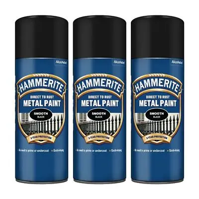 3x Hammerite Direct To Rust Smooth Black Aerosol Quick Drying Spray Paint 400ml • £32.99