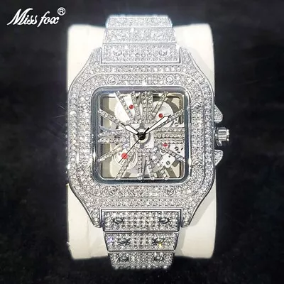 Men Ice Out Watch Square Silver Luxury Diamond Waterproof Analog Quartz Gift NEW • £79.29