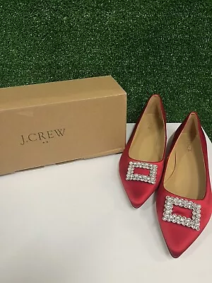 J Crew Red Satin Flats With Rhinestone Buckle Size 9 NWT Brand New • $48