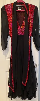 Vtg Diane Freis 100% Silk Maxi Dress & Scarf Black Sparkling Bright Animal Print • $99.99