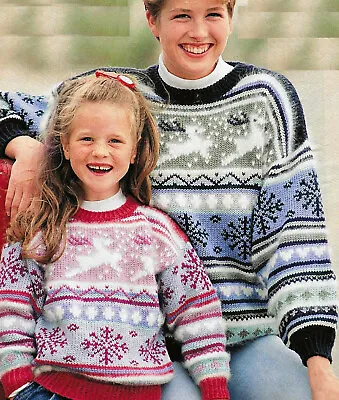 Ladies Girls Intarsia Fair Isle Sweater Jumper KNITTING PATERN 26 -42  Christmas • £2.15