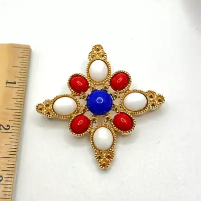 Vintage 1970's  Sarah Coventry Americana Red White Blue Maltese Cross Brooch Pin • $22