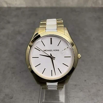 Michael Kors Womens Watch Slim Runway MK-4295 Gold S.Steel White MK4295 New Batt • £39.95