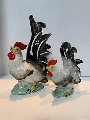 Vintage MCM Large Ceramic 10  And 7  Roosters - Set Of 2 - Colorful And Unique! • $11.99