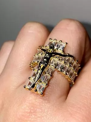 BAGUETTE CROSS JESUS Crucifix Mens Bling Iced Ring 2.5ct CZ 14k Gold Rings 6-10 • $31.99