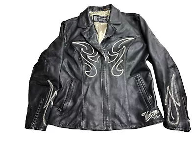 Leather Motorcycle Jacket Women’s L Black Victory Motorcycle Embroidered Y2K • $58.71