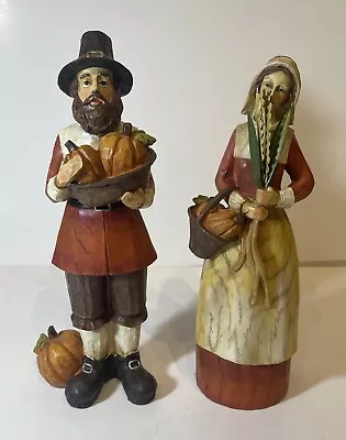 Vintage Wood-look Resin Thanksgiving Harvest Pilgrim Figurine Man & Woman Couple • $31.50