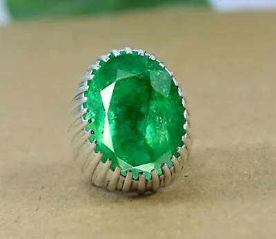 Solid 925 Sterling Silver Natural Green Emerald Corundum Cut Gemstone Men's Ring • $42.70