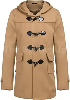 Mens Duffle Hooded Long Coat Classic Winter Outerwear Beige Overcoat Jacket • $78.68