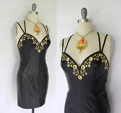 VTG Michael Hoban North Beach Leather Gold Eyelet Lace Backless Black Dress • $325