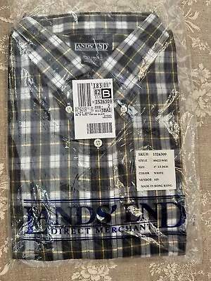 Lands’ End Men’s Long Sleeve 17.5 34/35 Mini Tartan Plaid White NEW! • $30