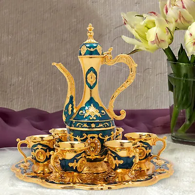 Vintage Metal Turkish Coffee Tea Pot Set With 6 Luxury Coffee Cups & Tea Tray US • $37.90