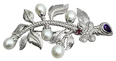 Judith Ripka Sterling Silver Fresh Water Pearl Brooch Pin Amethyst Garnet CZ • $159.99