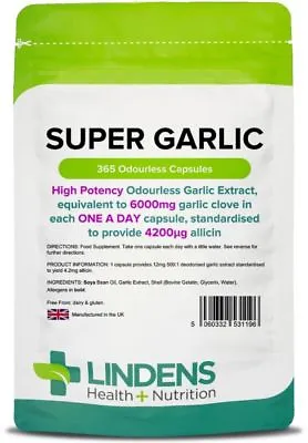 Super Garlic 6000mg Odourless Capsules (365 Pack) High Allicin Potency [1196] • £15.19