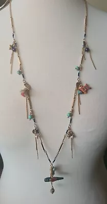 ACCESSORIZE Long Gold Tone Chain Necklace Charms Tassel Fabric Beads BNWT • £5.99