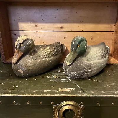 Pair Of CARRY-LITE Vintage Paper Mache Mallard Duck Decoys With Glass Eyes Decor • $29.97