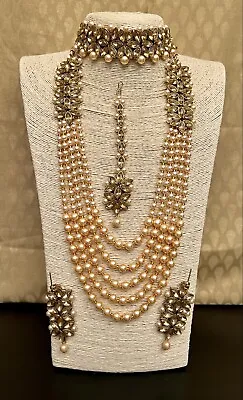 £17.99 • Buy Indian Pakistani  Gold Tikka Earrings Choker Long Necklace Combo Jewellery Set