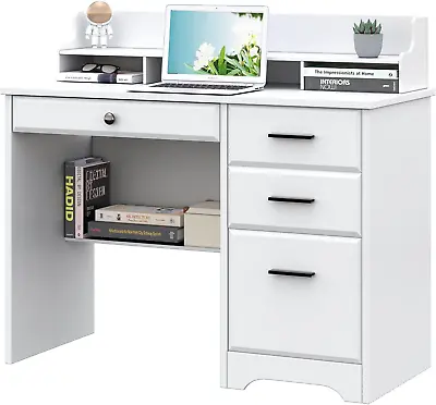Catrimown White Computer Desk With 4 Storage Drawers - 44  Wood Executive Desk F • $227.45