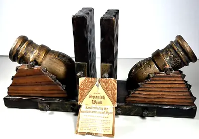 Bookends Military Cannon Handcarved Spanish Wood And Iron Midcentury Vintage • $39.99