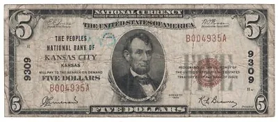 U.S. (Kansas City KS) - Series Of 1929 $5.00 National Currency Banknote • $140