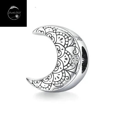 Genuine Sterling Silver 925 Retro Crescent Moon Bead Charm With Cubic Zirconia • £14.99