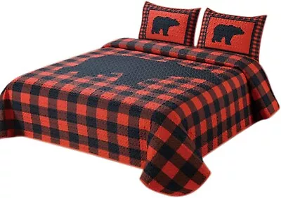 Buffalo Plaid 3 Piece Queen Size Quilt Bedding Set Featuring A Black Bear • $68.95