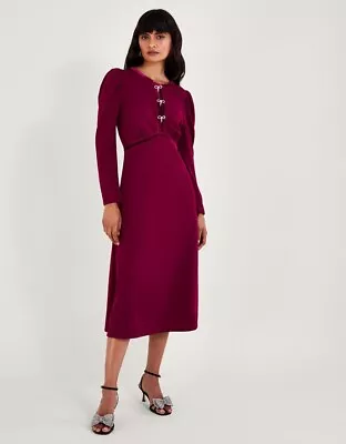Monsoon Bow Velvet Trim Dress Red (berry) Size L • £13