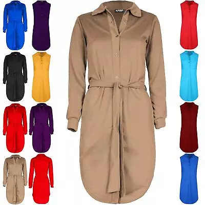 Womens Ladies Collared Curved Hem Waist Belted Button Long Sleeve Shirt Dress • £5.49