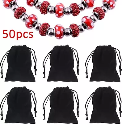 50pcs Black Luxury Velvet Jewellery Drawstring Wedding Pouches Gift Bags • £8.49