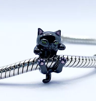 💖 Black Cat Kitten Wrap Charm Bead Animal Pet Genuine 925 Sterling Silver 💖 • £17.95