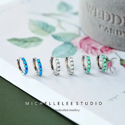 White And Blue Opal Sterling Silver Hoop Earrings Lab Opal Huggie Hoop Earring • £12.95