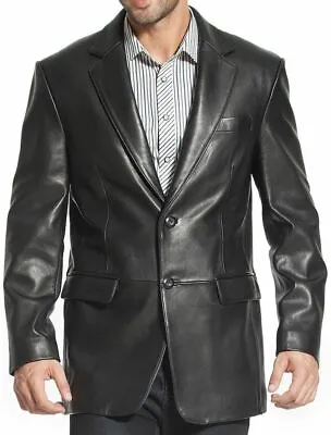 Mens Black Two Button Blazer Pea Coat Classic Lamb Real Soft Leather Jacket Coat • $114.99