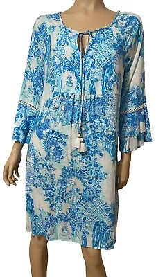 Lilly Pulitzer Azita Tunic Dress Blue Size L Toile Me About It Tassel Tie Beach • $43.99