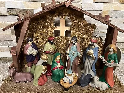 Traditional Christmas Wooden Nativity Stable Set 12 Hand Painted Palsy Figures • £34.99